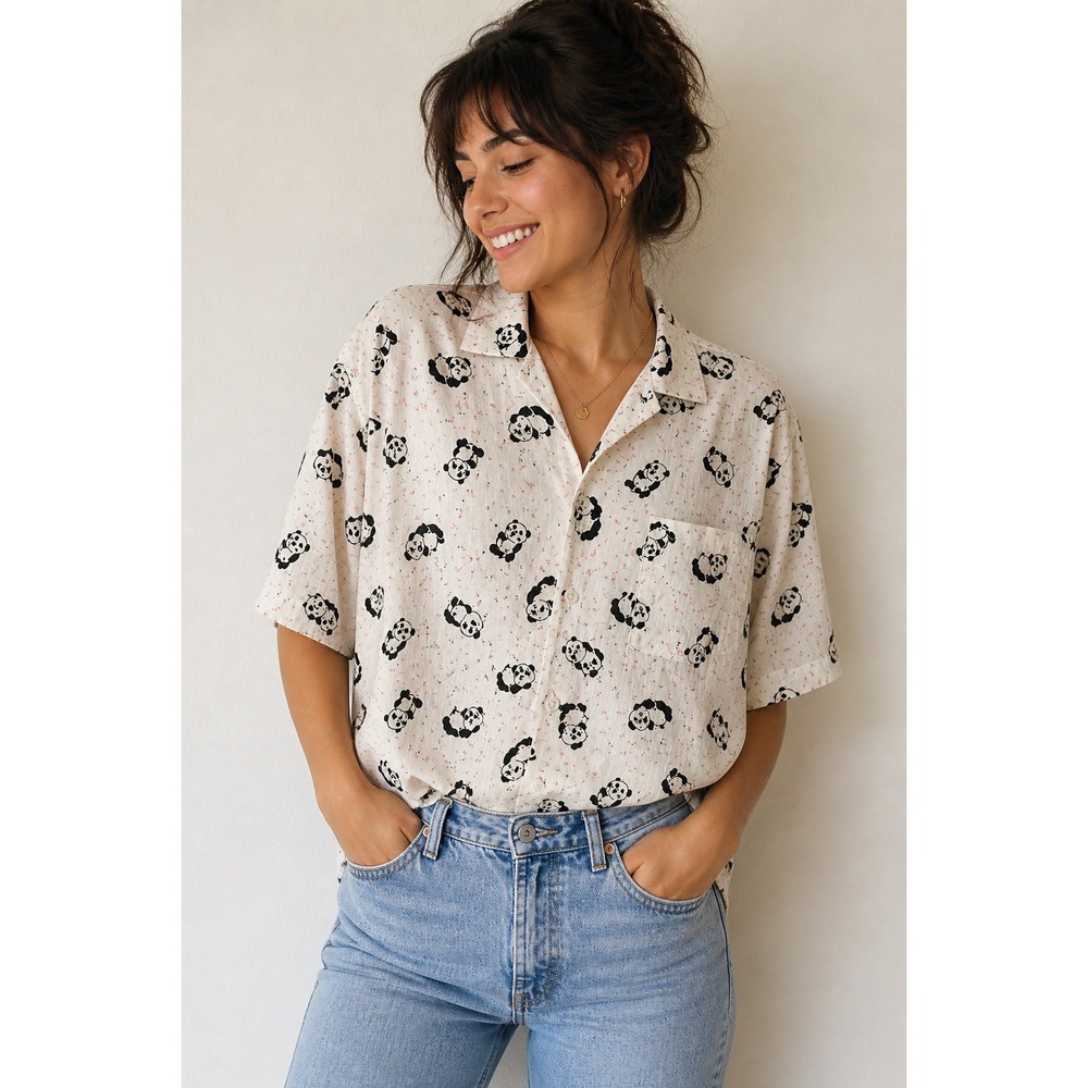 Vintage Panda Print Shirt USA Made Pink Speckle 80s 90s Womens Medium Retro Rare